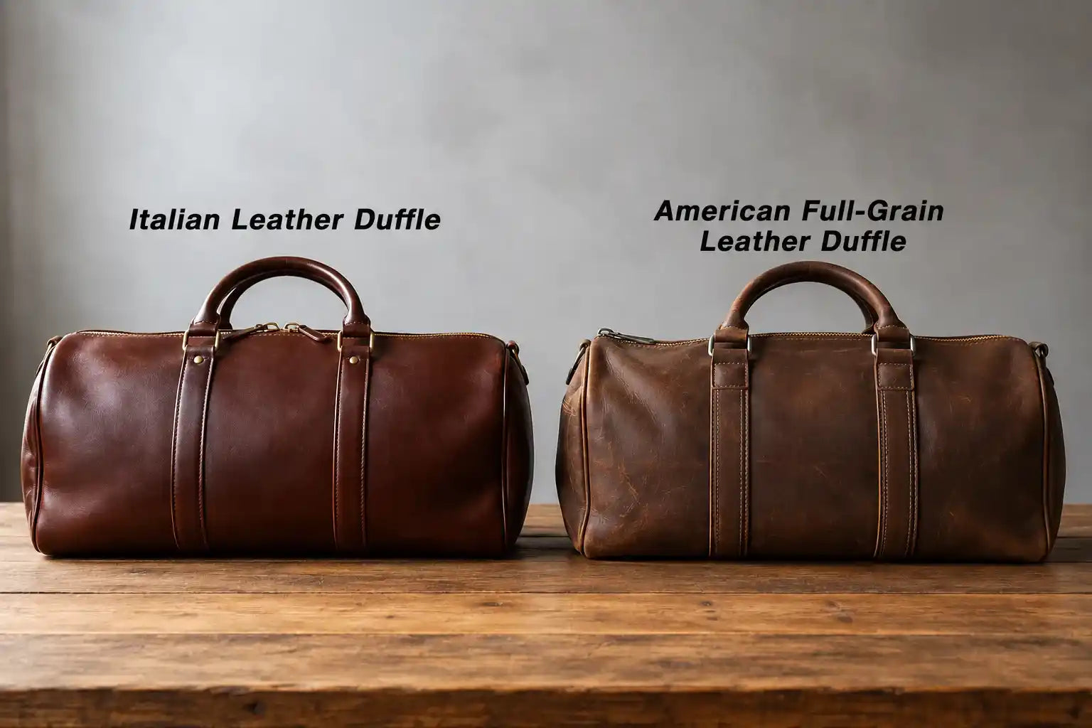 Italian leather duffle bag left vs American full-grain leather duffle bag right side by side comparison natural grain texture and finish difference