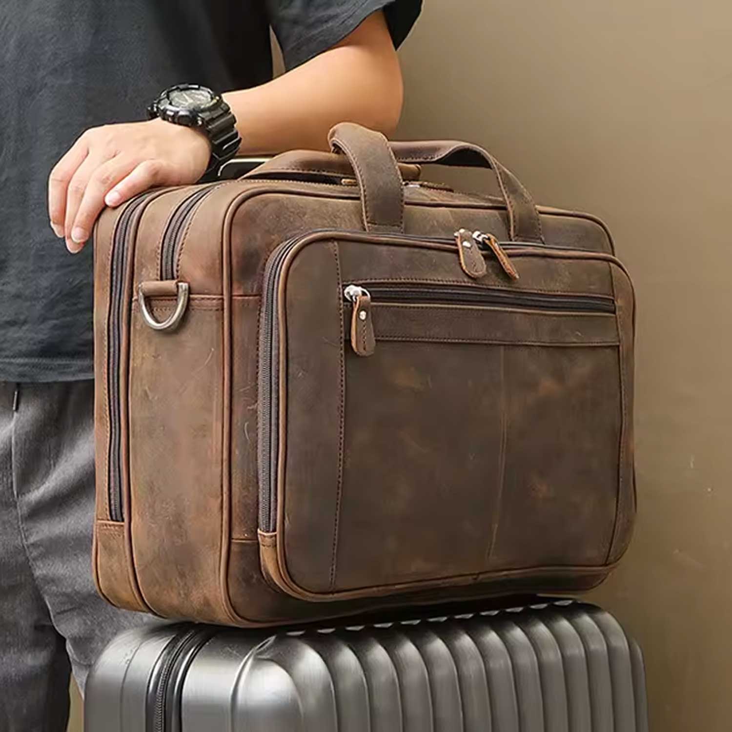 Crazy Horse Leather Laptop Briefcase Men