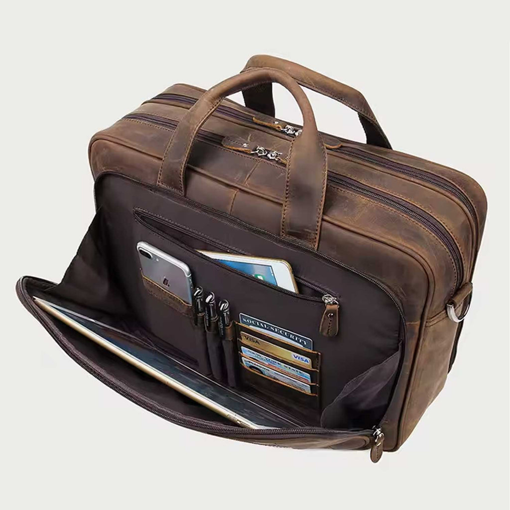Crazy Horse Leather Laptop Briefcase Men