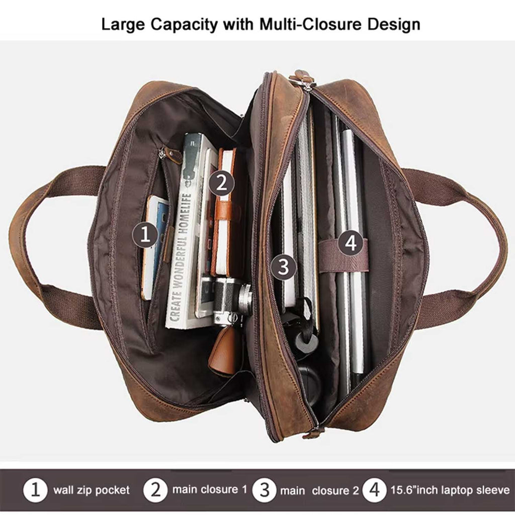 Crazy Horse Leather Laptop Briefcase Men