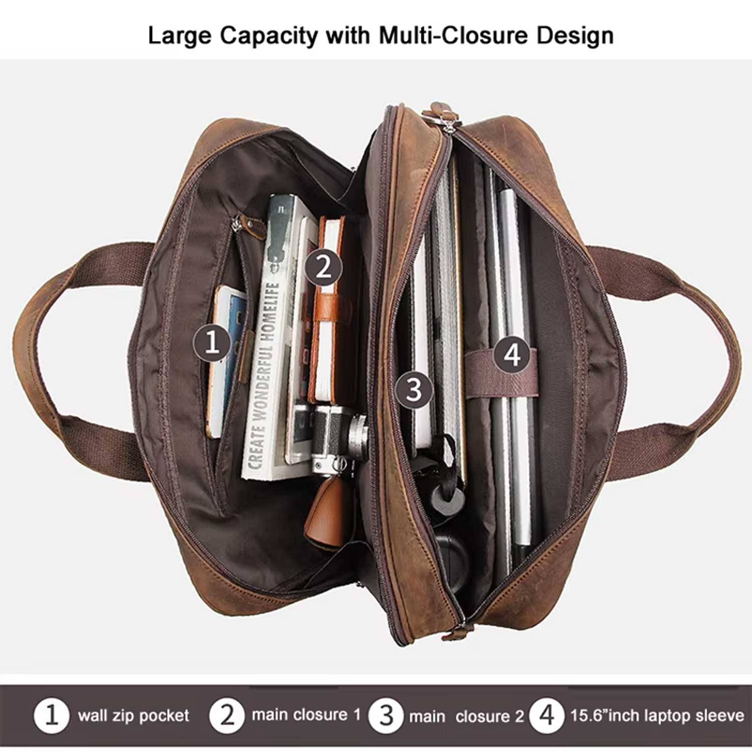 Crazy Horse Leather Laptop Briefcase Men