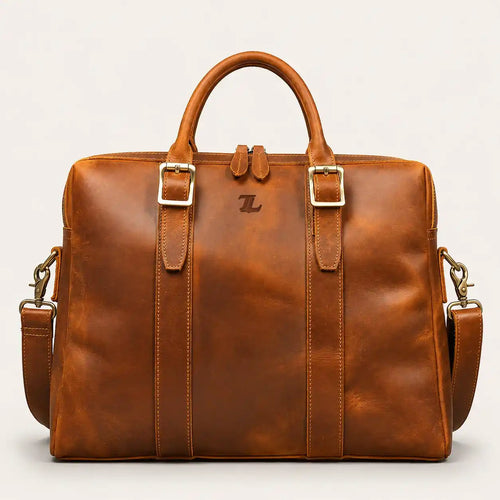 Leather briefcase detail of zipper and stitching