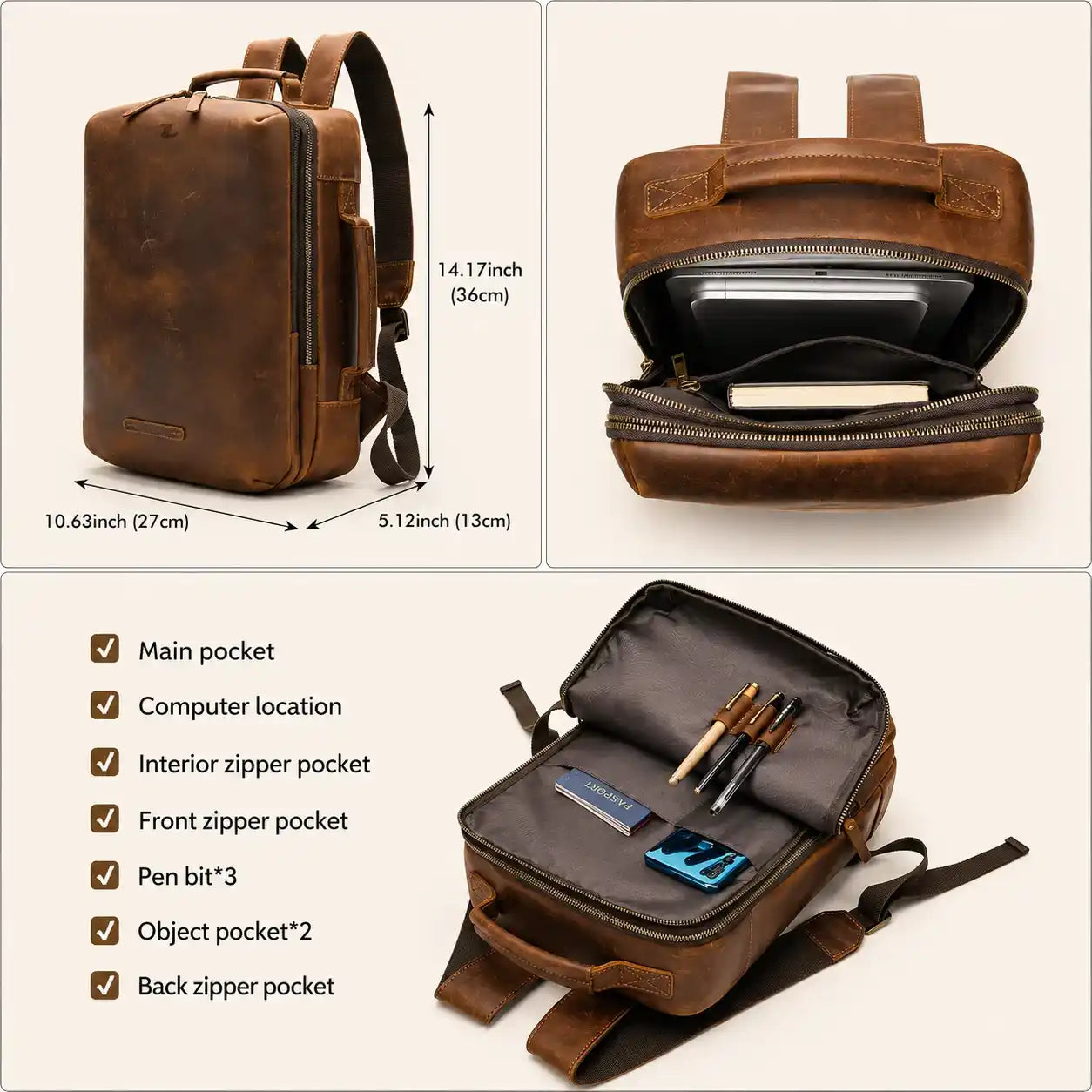 Travel Leather Laptop Backpack