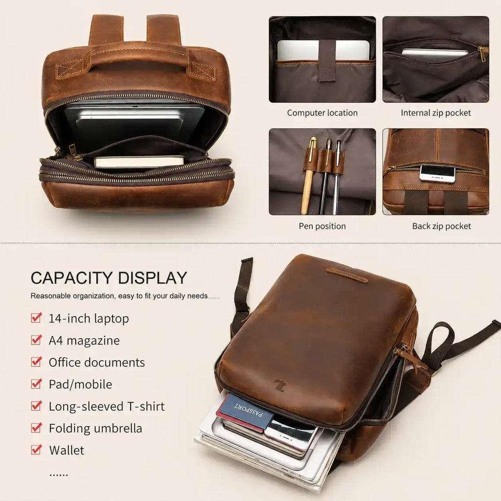 Travel Leather Laptop Backpack